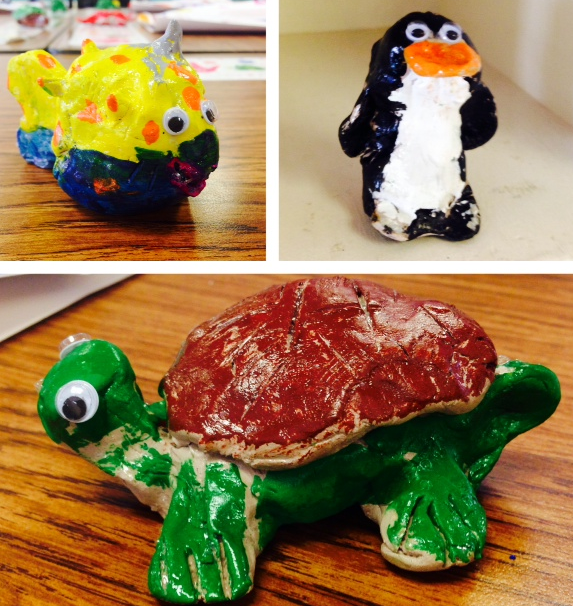 1st Grade students sculpted sea creatures using clay, resulting in delightful characters.
