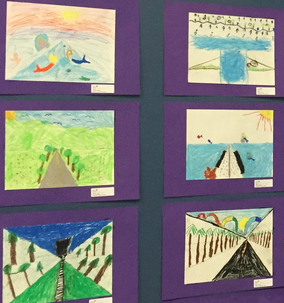 Inspired by Maurice Utrillo, 2nd Graders create a landscape using oil pastels.