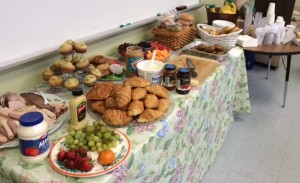 What a spread: piping coffee––thank you, Peet's––and munchables galore in one of the teachers' lounges