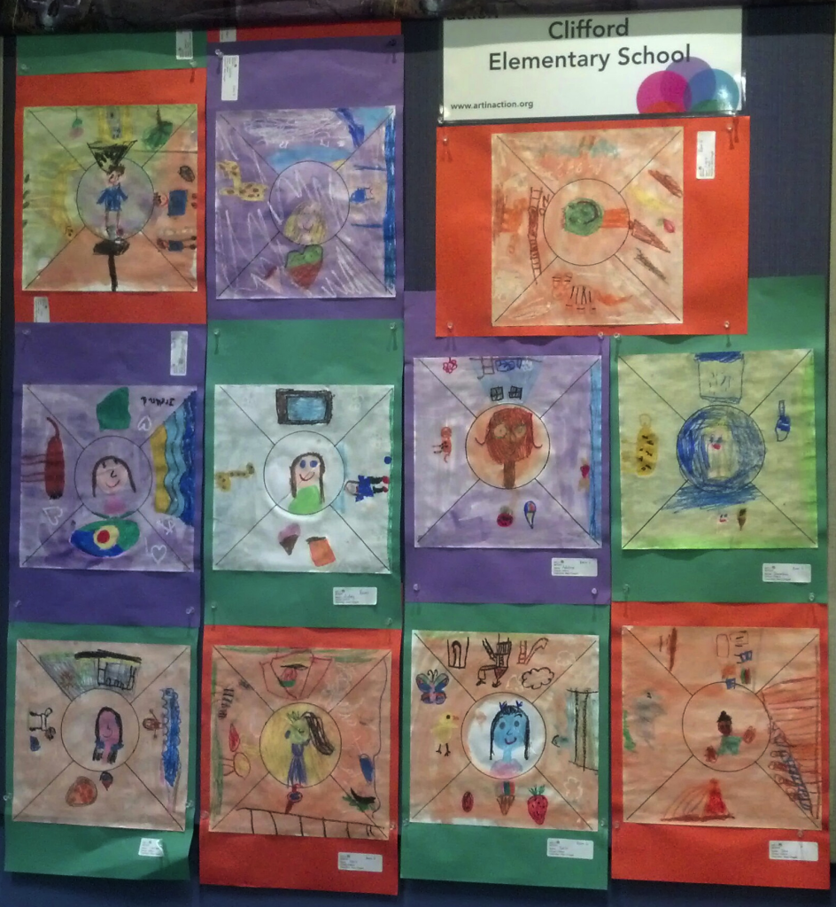 1st Grade students' paintings are inspired by Marc Chagall's I and the Village.