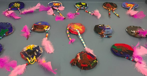 3rd Graders create their own clay shields, and decorate them with beads and feathers, inspired by Native American Art.
